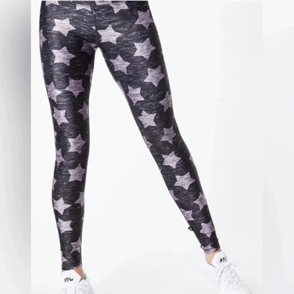 Woman TEREZ gray Pink Star Full Length Legging Pants Sz Large EUC